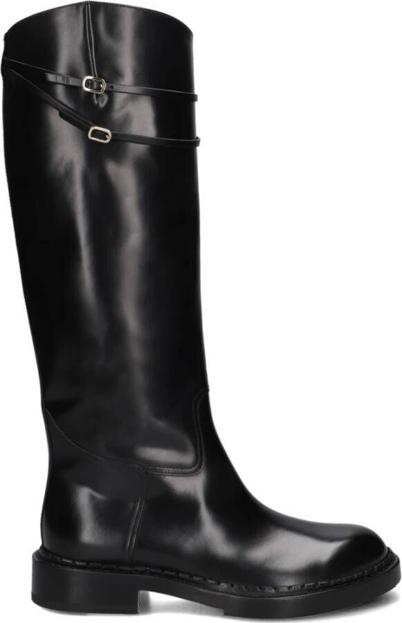 Santoni Zwarte Leren Gesp Hoge Laarzen Black Dames