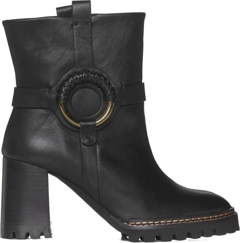 See by Chloé Zwarte Leren Enkellaarzen met Metalen Hardware Black Dames