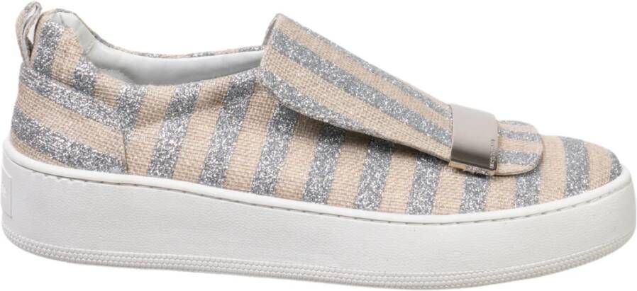 Sergio Rossi Beige Slip-On Sneakers met Lurex Strepen Grijs Dames