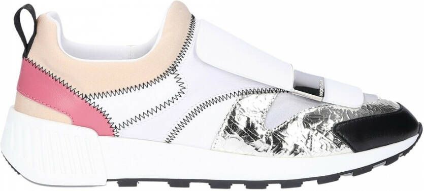 Sergio Rossi Running Slip Ons in Crinkled Logo Roze Beige Zilver Wit White Dames