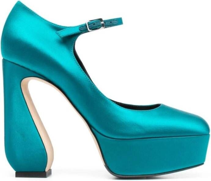 Sergio Rossi Teal Blauw Satijnen Platform Pumps Blue Dames