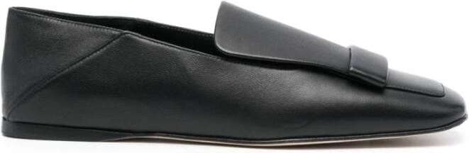 Sergio Rossi Zwarte Leren Slipper met Vierkante Neus en Metalen Plaque Black Dames