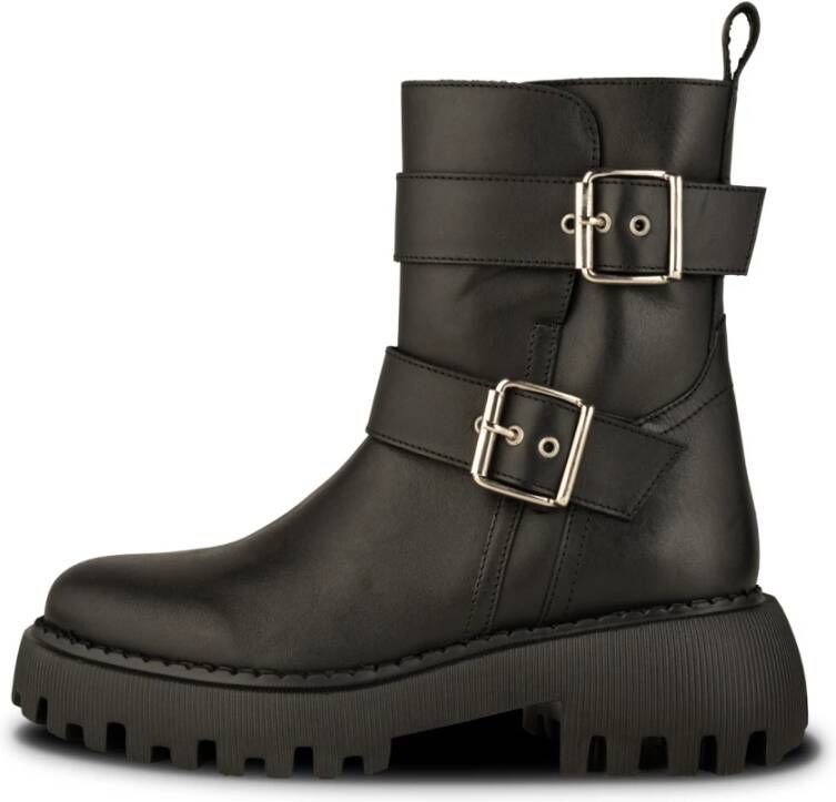 Shoe the Bear Zwarte Leren Bikerlaars met Gespen Black Dames