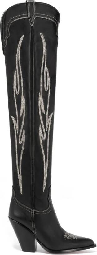 Sonora Zwarte kalfsleren over de knie laarzen met off-white borduurwerk Black Dames