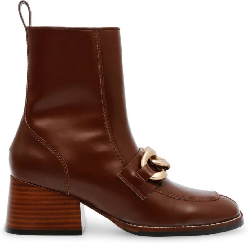 Steve Madden Bruine Loreen Enkellaarzen met Vierkante Hak en Gouden Ketting Brown Dames