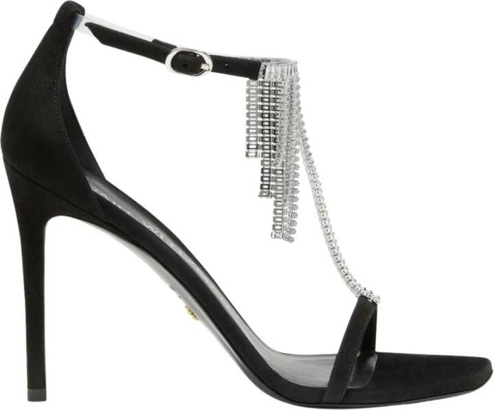 Stuart Weitzman Weelderige Kristalfranje T-Strap Sandaal Black Dames