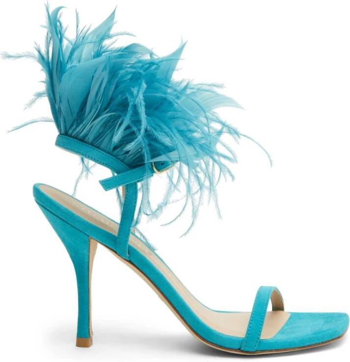 Stuart Weitzman Plume 100 Sandaal met Veren Details Blue Dames