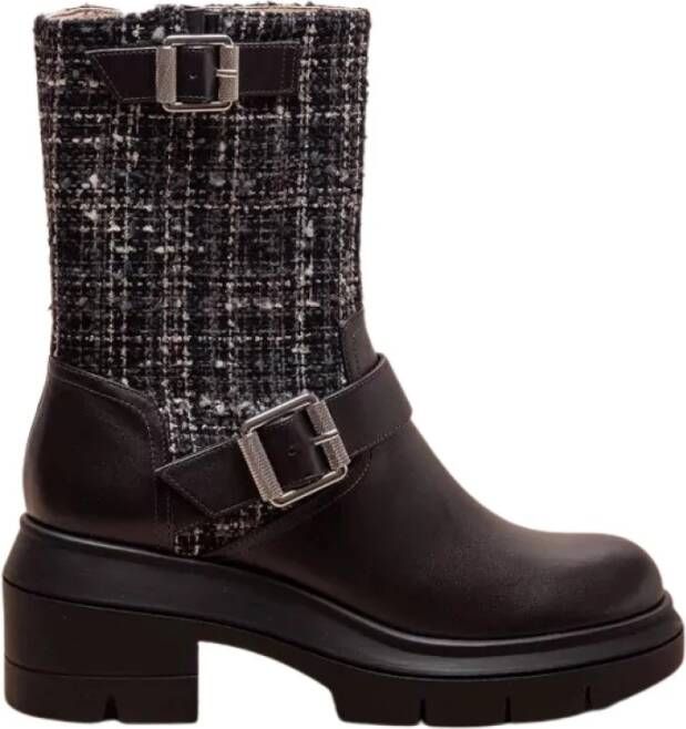 Stuart Weitzman Ryder Rise Leren en Tweed Laarzen met Gespen 65 Zwart Blauw Black Dames