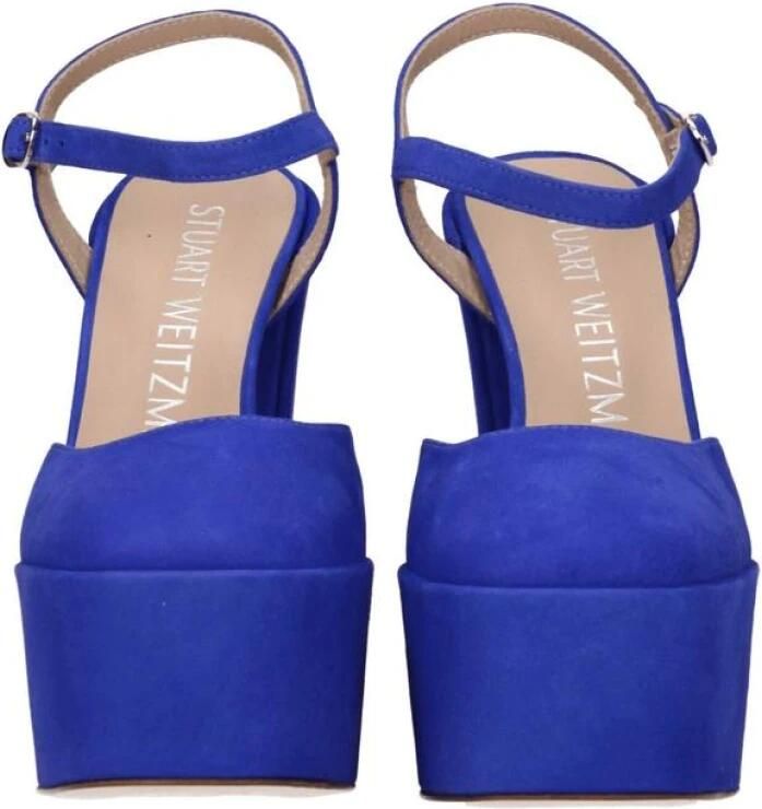 Stuart Weitz Blauwe Suède Hoge Hak Sandalen met Gesp
