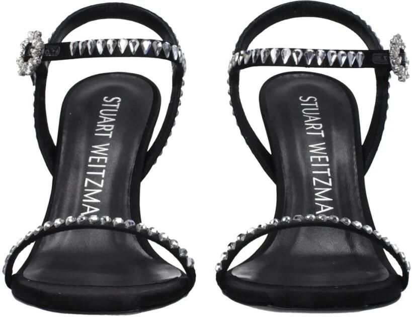Stuart Weitz Zwarte Satijnen Sandalen met Strass