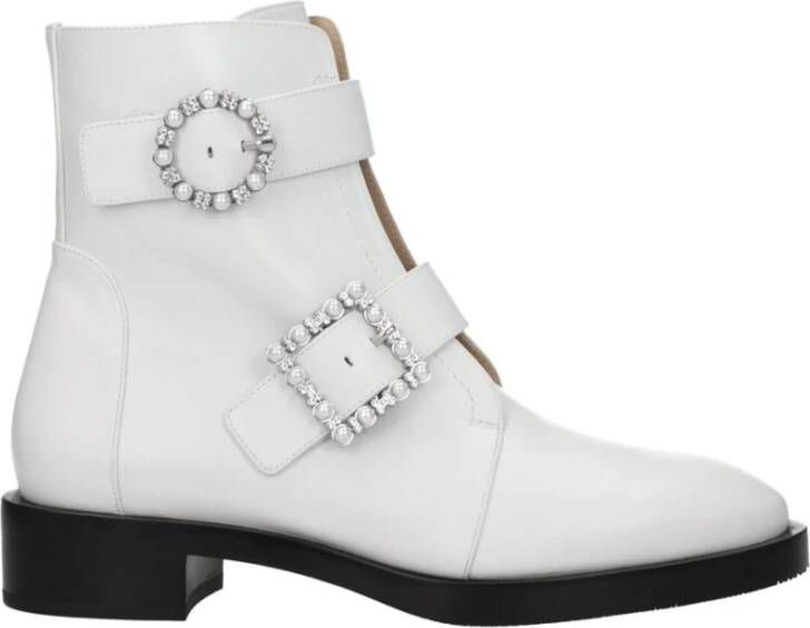 Stuart Weitz Witte Leren Enkellaarzen met Strass Detail