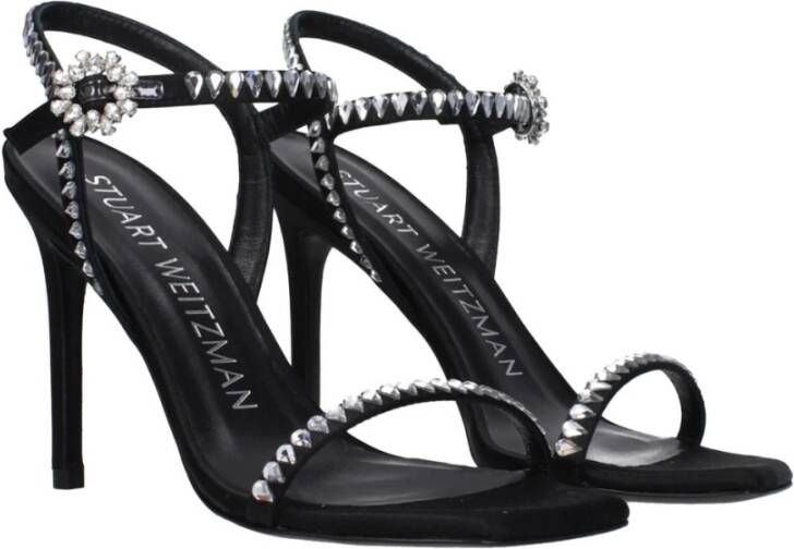 Stuart Weitz Zwarte Satijnen Sandalen met Strass