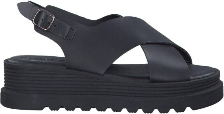 tamaris Zwarte Leren Platte Sandalen Black Dames