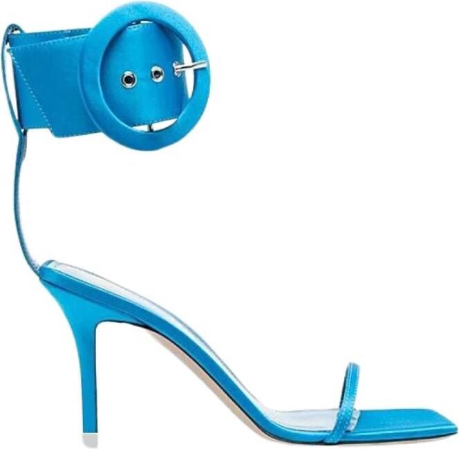 The Attico Turquoise Satijnen Sandalen met Enkelband en Zilveren Logo Gesp Blue Dames