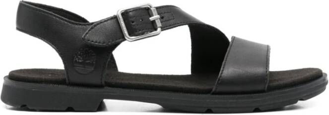 Timberland Zwarte Gesp Sandalen Platte Rubberen Zool