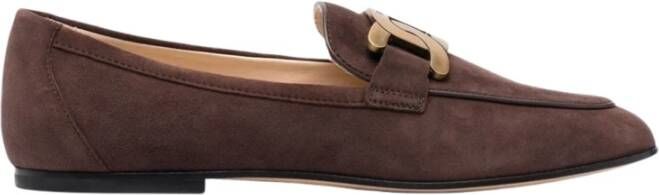 TOD'S Donkerbruine Leren Suede Ketting-Plaque Loafers Brown Dames