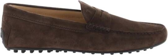 TOD'S Gommino Suede Driver Loafers met Verhoogde Stiksels en Penny Bar Brown Heren