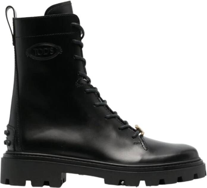 TOD'S Zwarte leren combat boots met ketting Black Dames