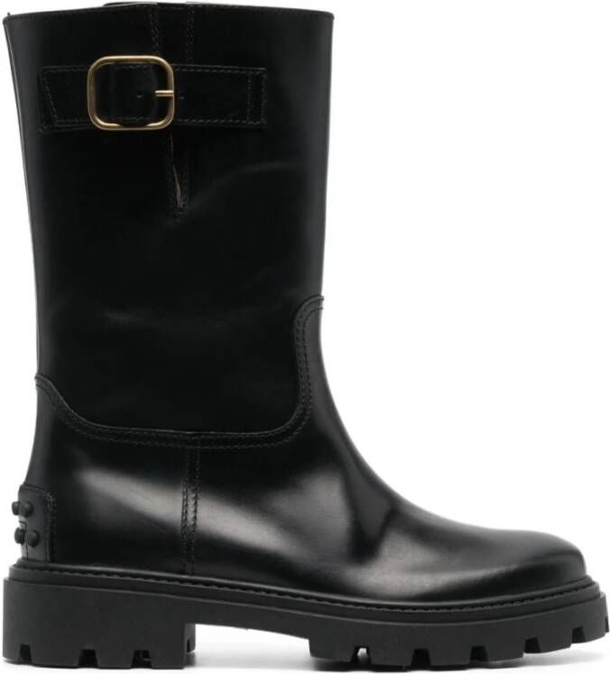 TOD'S Leren laarzen met gespdetail Black Dames