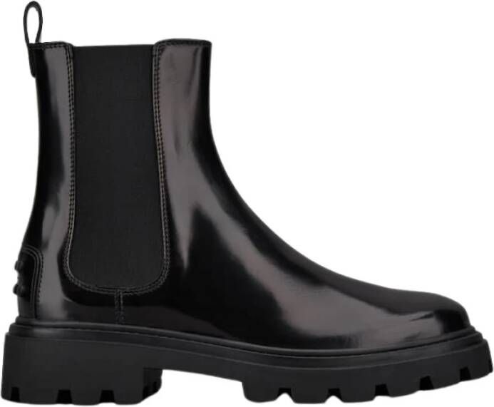 TOD'S Zwarte Leren Chelsea Boot met Rubberen Tankzool Black Dames