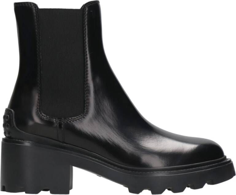 TOD'S Zwarte Leren Enkellaarzen met Elastische Inzetstukken Black Dames