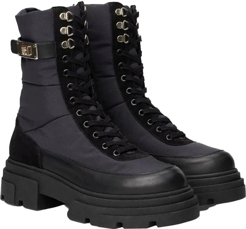 Tommy Hilfiger Zwarte veter-biker enkellaarsjes van leer