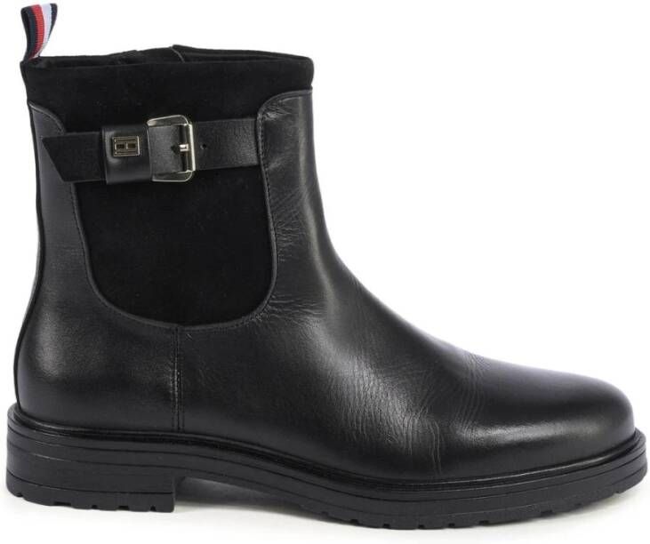 Tommy Hilfiger Zwarte Leren Chelsea Boots Gesp Detail