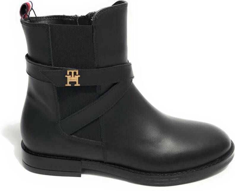 Tommy Hilfiger Zwarte leren enkellaarsjes met zijlogo Black Dames