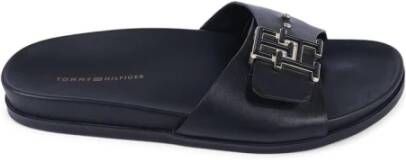 Tommy Hilfiger Zwarte Leren Gesp Slides Sandaal