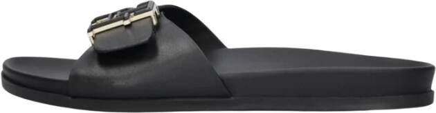 Tommy Hilfiger Zwarte Leren Hardware Platte Slippers Black Dames