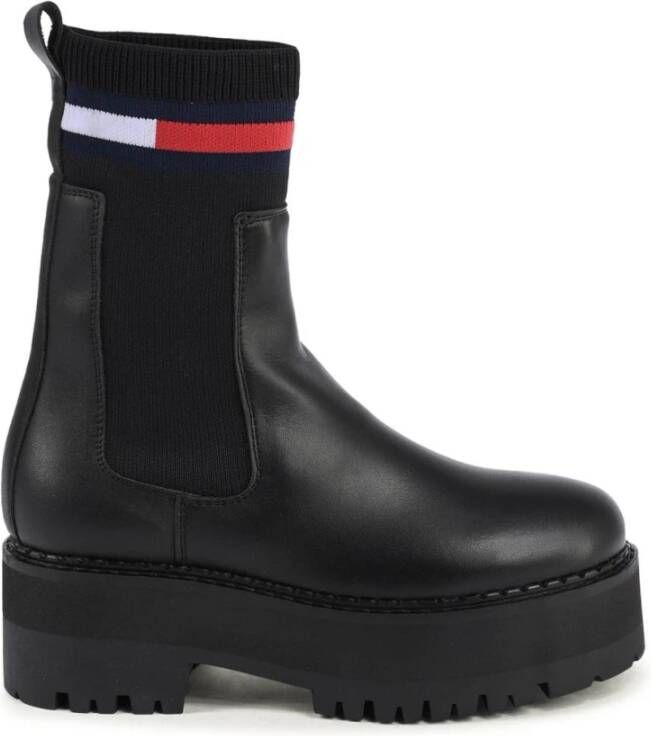 Tommy Jeans Zwarte Flatform Chelsea Sock Enkellaarzen Black Dames