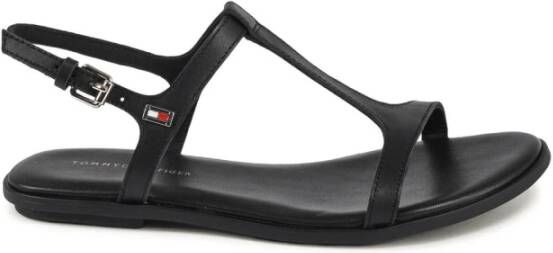 Tommy Hilfiger Zwarte Leren Platte Sandalen