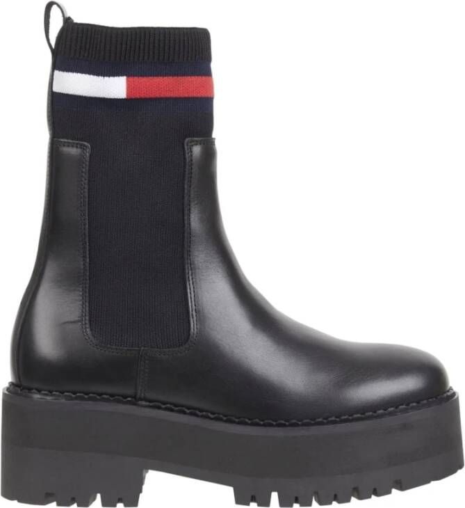 Tommy Jeans Zwarte Flatform Chelsea Sock Enkellaarzen Black Dames