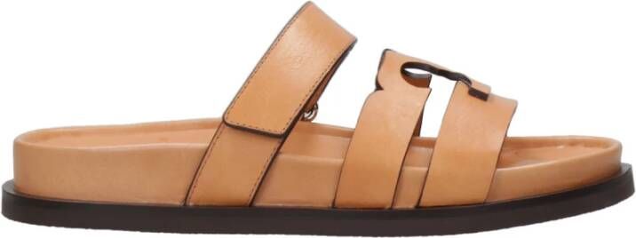 Tory Burch Camelkleurige leren sandalen met dubbele T-inleg