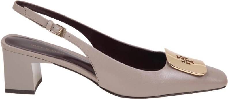 TORY BURCH Georgia Leren Slingback met Logo Plaat Gray Dames