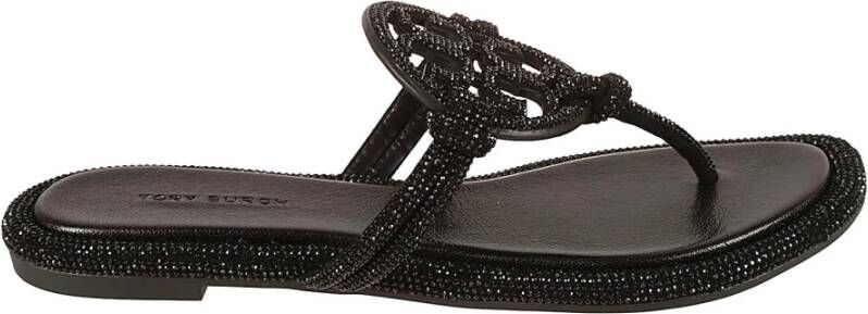 TORY BURCH Zwarte Sandalen met Logo Detail en All-Over Strass in Leer Black Dames