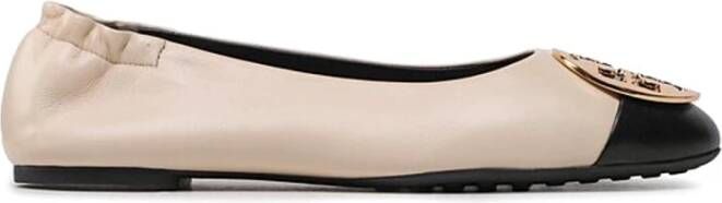 TORY BURCH Crèmekleurige Claire Leren Ballerina met Zwarte Contrastneus Beige Dames