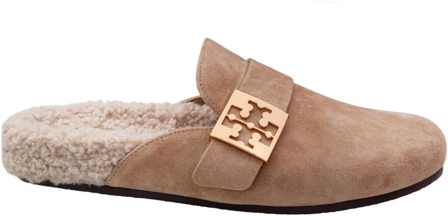 Tory Burch Shearling Beige Mules Metallic Band Details