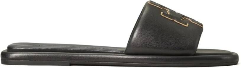 Tory Burch Zwarte platte sandalen met metallic afwerking