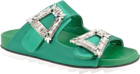 Twentyfour Groene Satijnen Sandalen met Strass Details