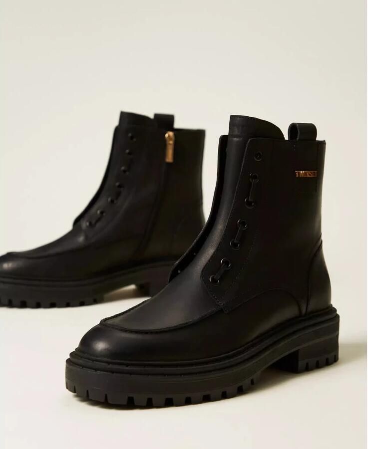 Twinset Chunky leren laarzen met logo