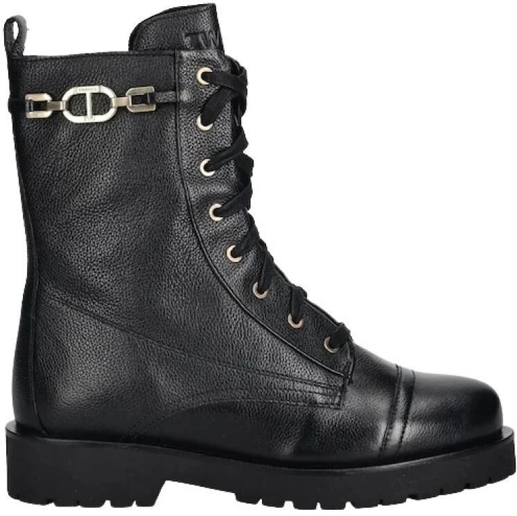 Twinset Leren Combat Boots met Ketting en Ovale T