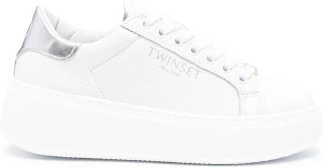 Twinset Witte Zilveren Leren Sneakers White Dames