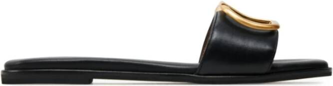 Twinset Zwarte Leren Slide Sandalen met Metalen Ovalen T Logo Black Dames