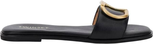 Twinset Zwarte Leren Slide Sandalen met Metalen Ovalen T Logo Black Dames