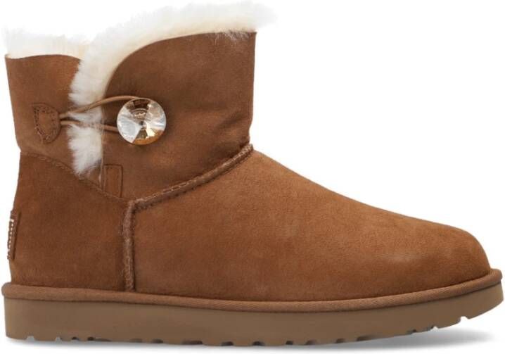 Ugg W Mini Bailey Button Bling Suede Snow Boots Brown Dames