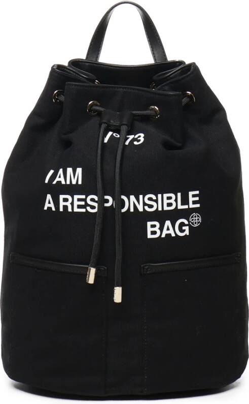 V73 Zwarte Canvas Rugzak met Slogan Print
