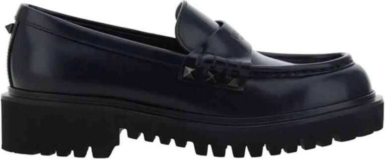 Valentino Garavani Zwarte leren platte schoenen met platinaknoppen Black Dames