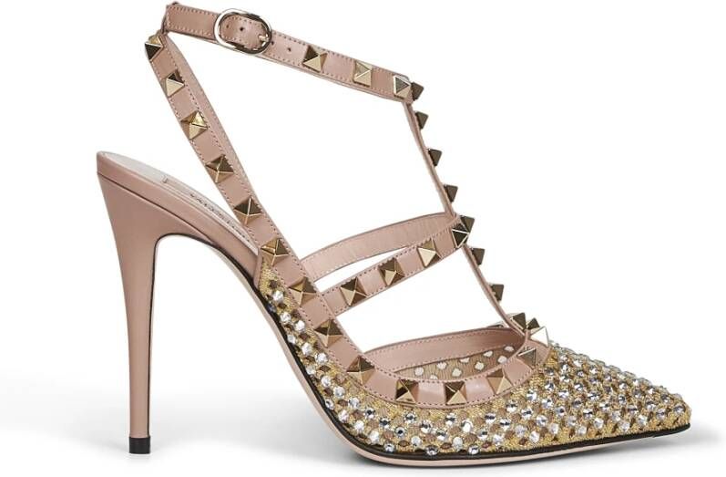 Valentino Garavani Leren Rockstud slingback pumps met mesh en strass