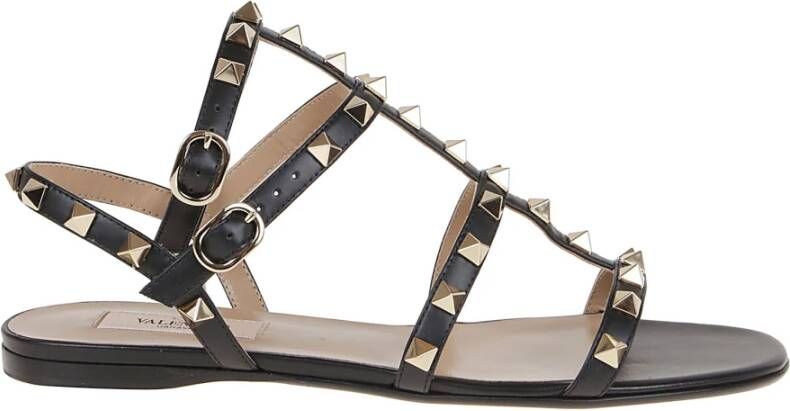 Valentino Garavani Studded Calfskin Flat Sandals Black Dames